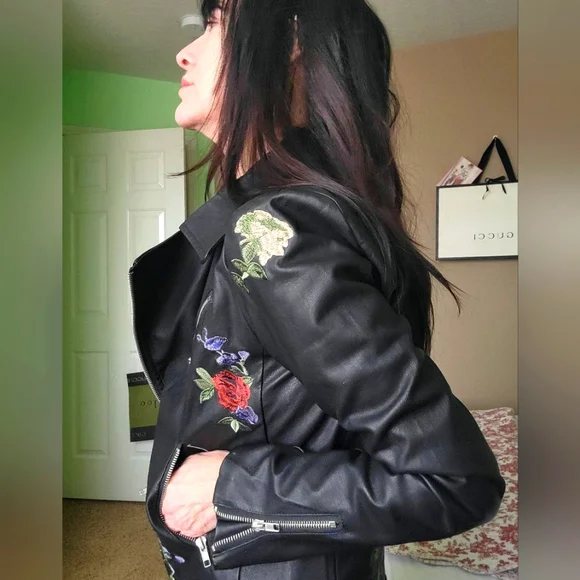 MockLeather biker Jacket with floral embroidery. - Picture 1 of 9